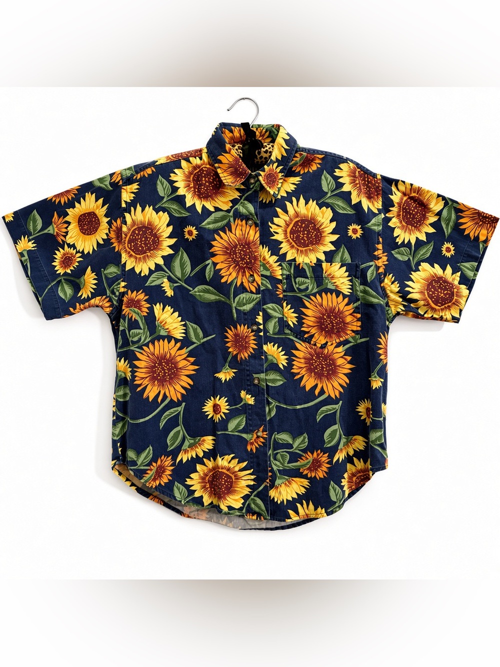 QUIZZ New York ALL OVER SUNFLOWER print cotton denim shirt 80s 90s show stopper